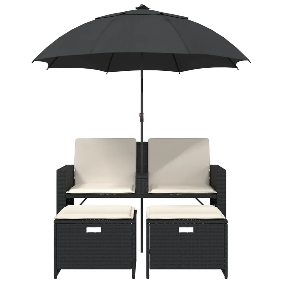 Canapé de jardin 2 places avec parasol et tabourets noir rotin - 4