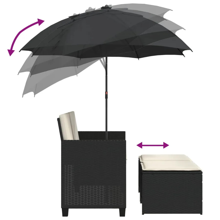 Canapé de jardin 2 places avec parasol et tabourets noir rotin - 8