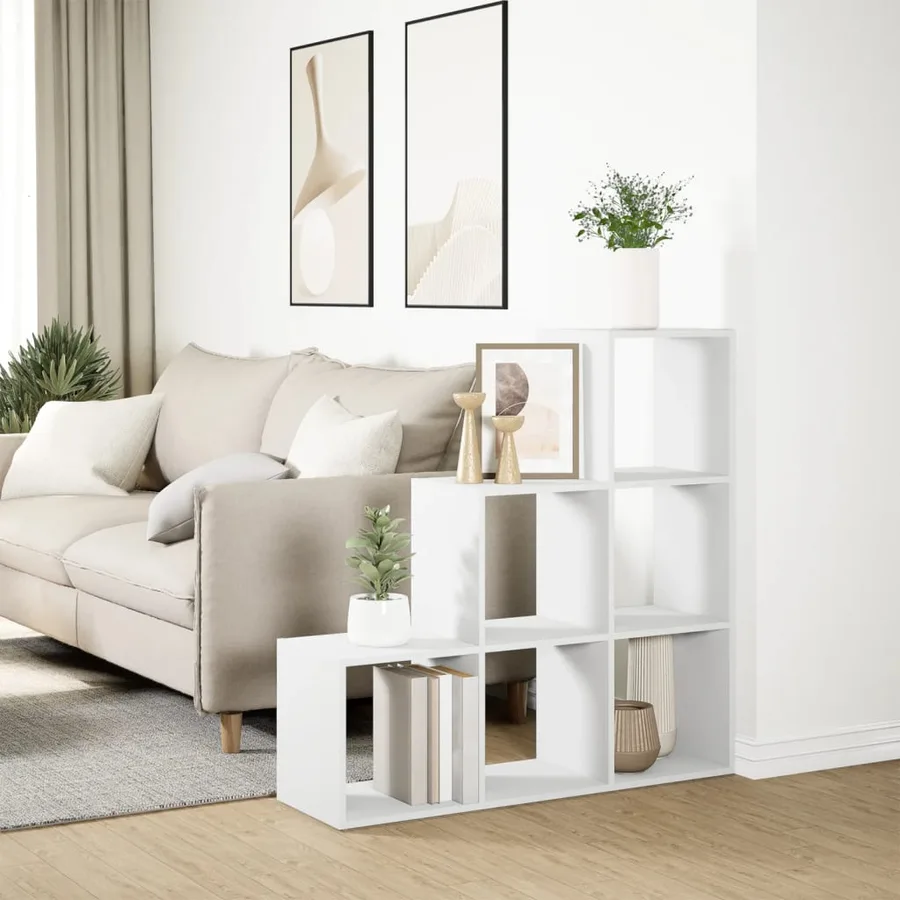Bibliothèque séparateur de pièce à 3 niveaux Blanc 99 x 29 x 99 cm Bois d'ingénierie - 4