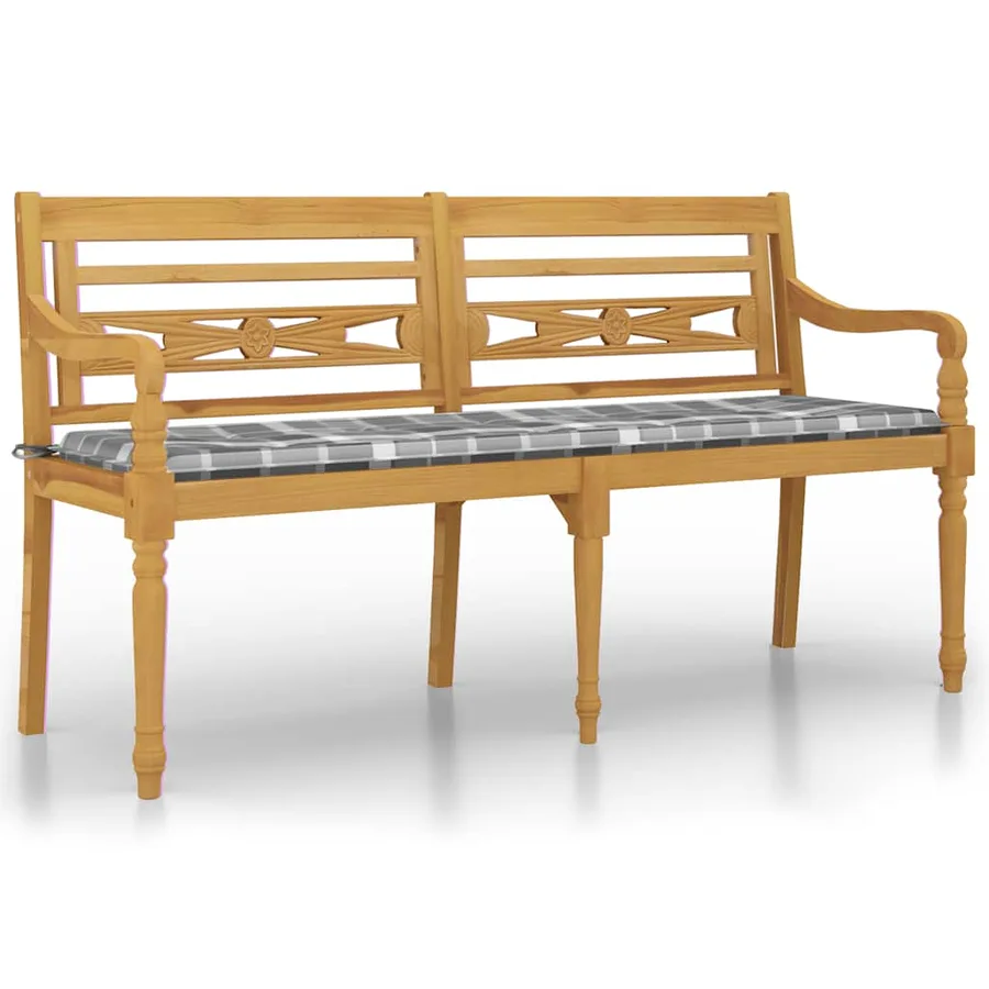 Banc Batavia coussin à motif de carreaux gris 150cm Bois teck - 2