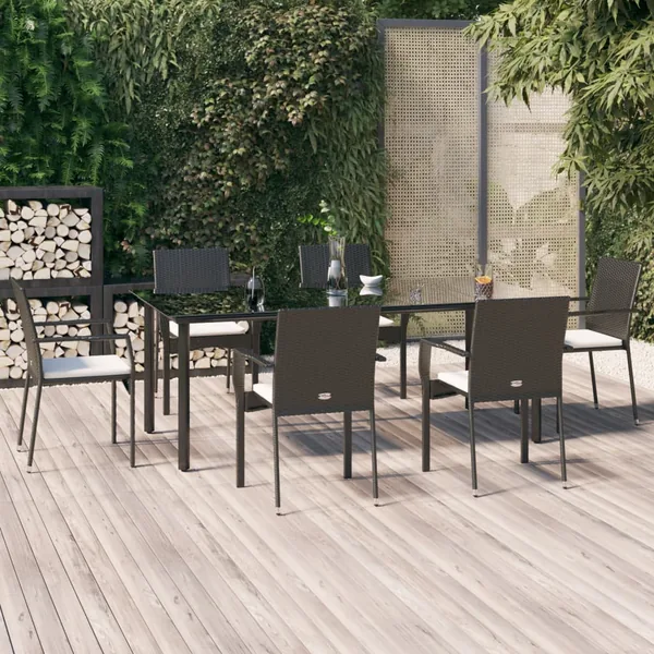 Ensemble à manger de jardin coussins 7pcs Noir Résine tressée