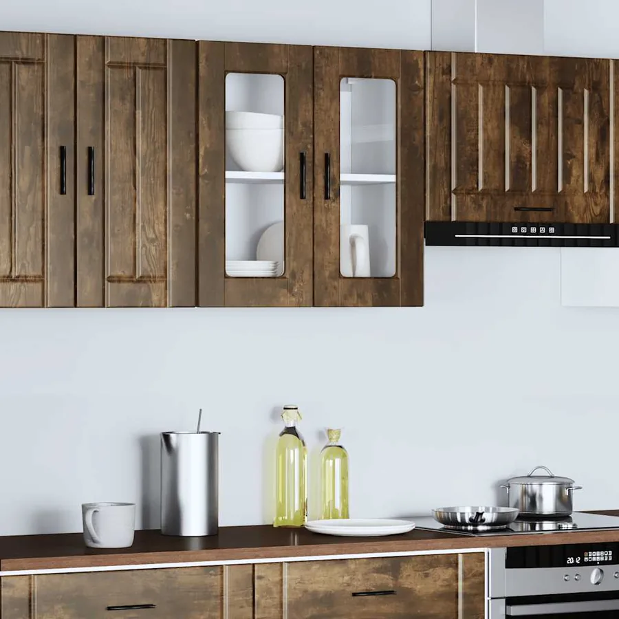 Armoire murale de cuisine avec porte en verre Porto chêne fumé
