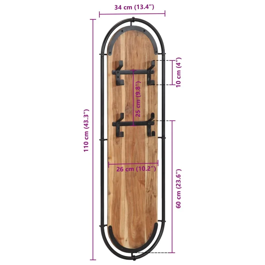 Porte-manteaux muraux et 4 crochets 2 pcs bois massif d'acacia - 10
