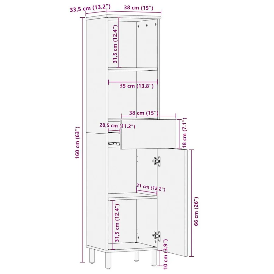 Armoire de salle de bain 38x33,5x160 cm bois massif de manguier - 12