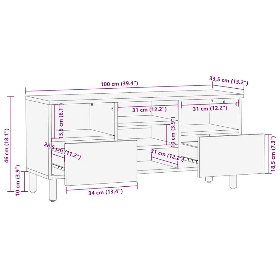 Meuble TV noir 100x33,5x46 cm bois massif manguier brut - 11