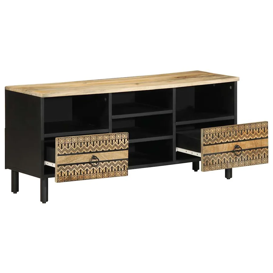 Meuble TV noir 100x33,5x46 cm bois massif manguier brut - 2