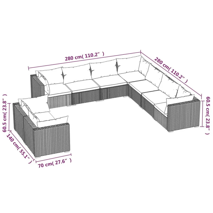 Salon de jardin avec coussins 9 pcs marron résine tressée - 5