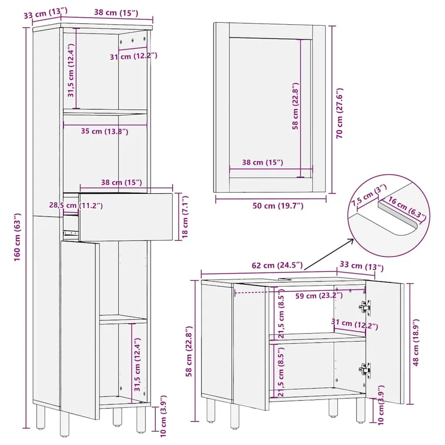 Ensemble de meubles de salle de bain 3 pcs bois manguier massif - 16
