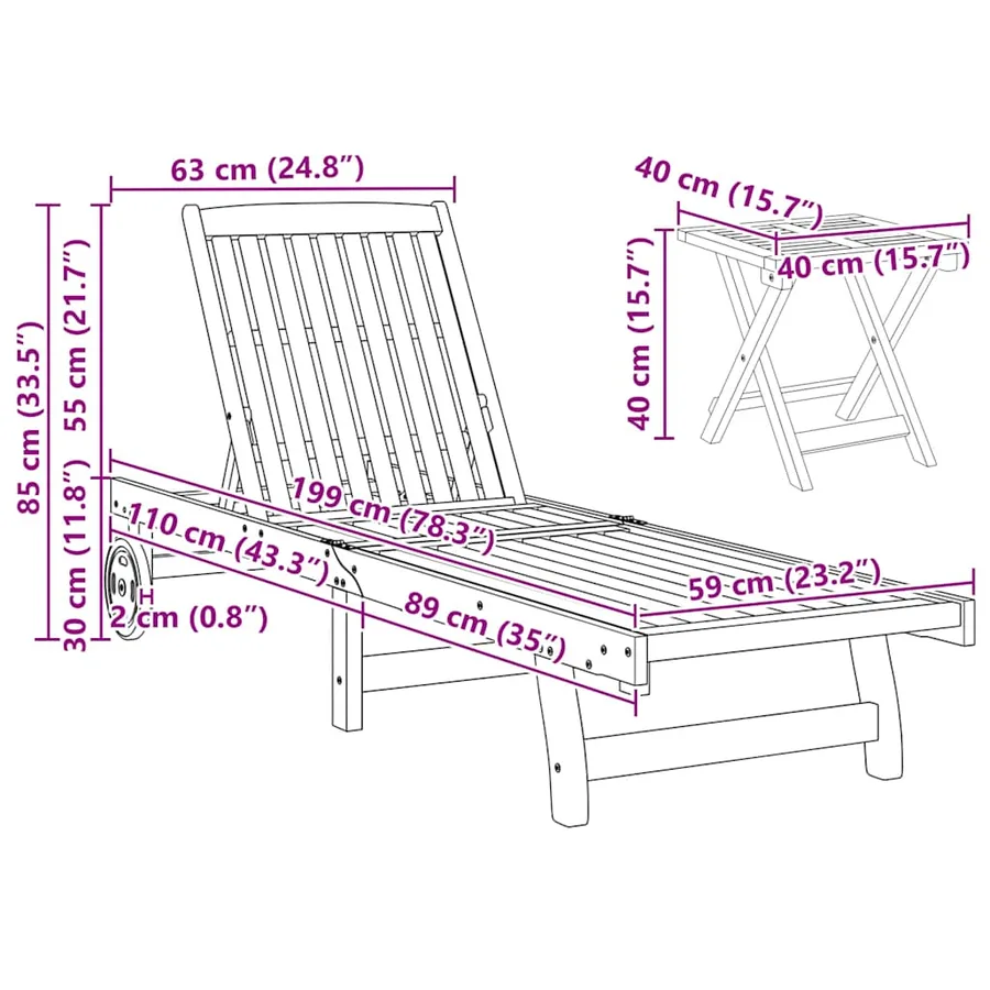 Chaise longue avec table bois massif d'acacia - 13