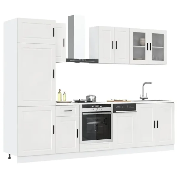 Ensemble de 8 meubles de cuisine "Porto" en bois d'ingénierie blanc brillant