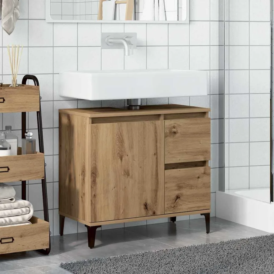 Armoire lavabo chêne artisanal 65x33x60 cm bois d'ingénierie - 3