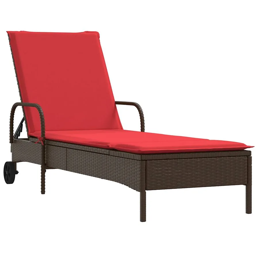 Chaise longue à roulettes avec coussin en rotin synthétique marron - 2