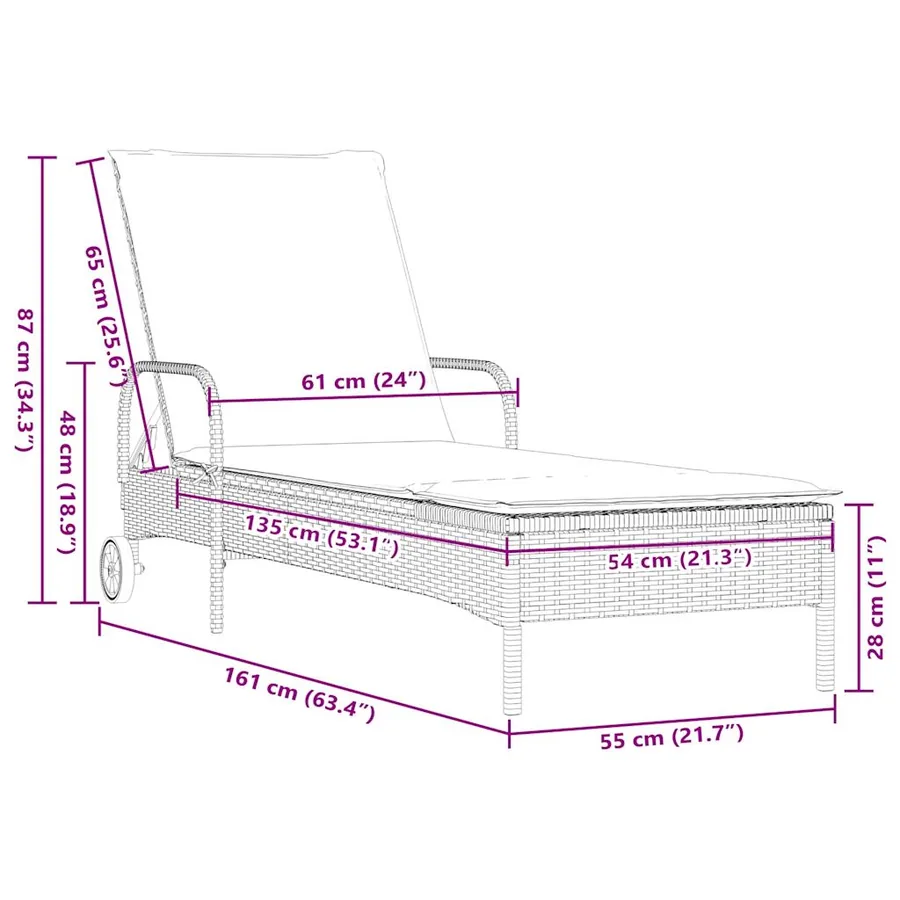 Chaise longue à roulettes avec coussin en rotin synthétique marron - 21