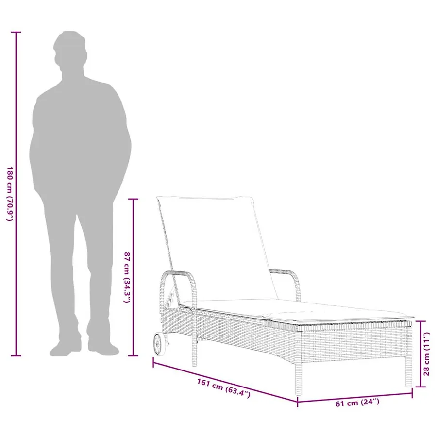 Chaise longue à roulettes avec coussin en rotin synthétique marron - 22