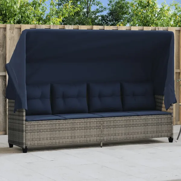 Chaise longue avec auvent et coussins gris résine tressée