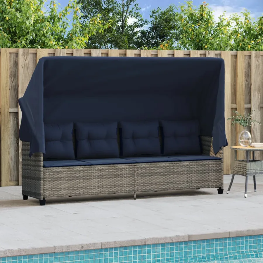 Chaise longue avec auvent et coussins gris résine tressée - 3