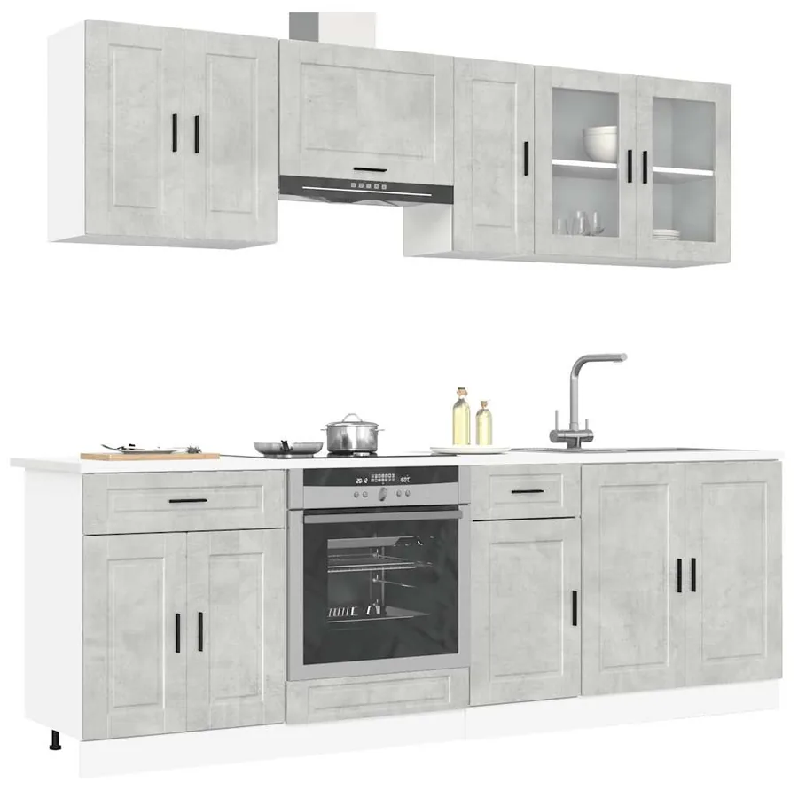 Ensemble de 8 meubles de cuisine "Porto" en bois d'ingénierie gris béton