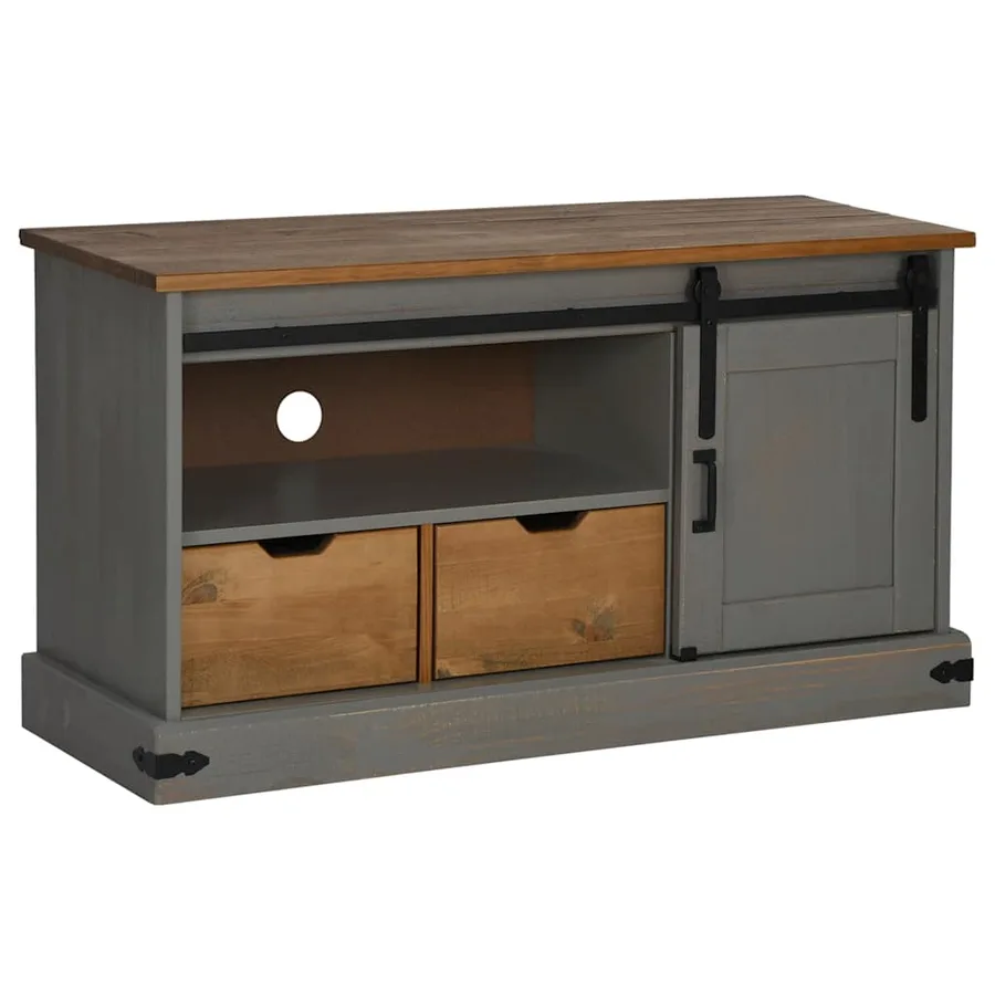 Meuble TV HALDEN porte coulissante gris 110x40x60cm bois massif - 2