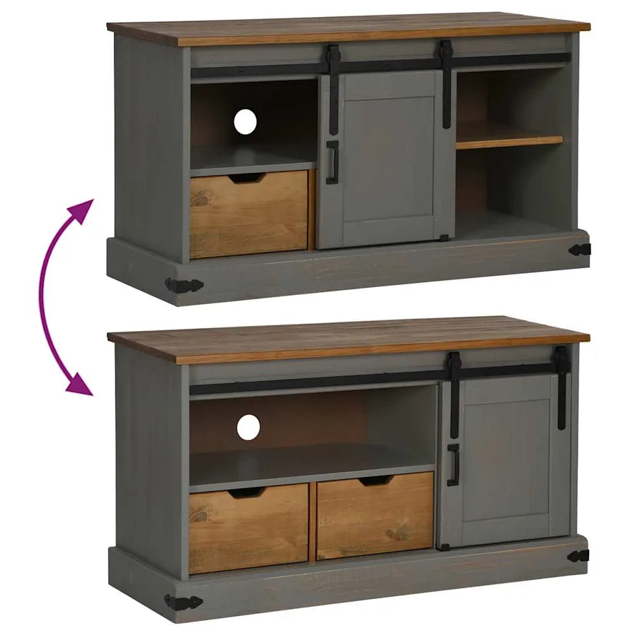 Meuble TV HALDEN porte coulissante gris 110x40x60cm bois massif - 7
