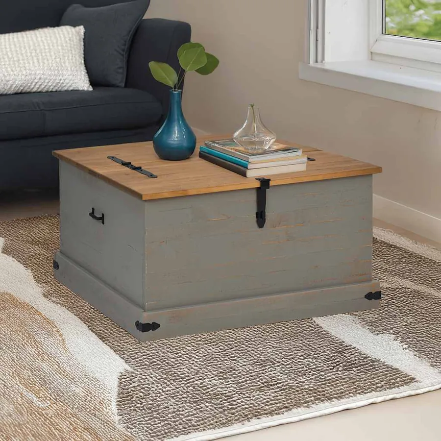 Coffre de rangement HALDEN gris 91x91x47 cm bois massif pin