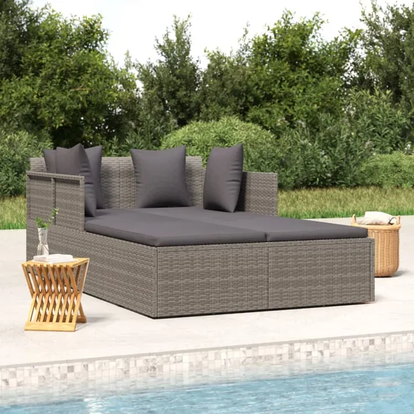 Chaise longue avec coussins gris 182x118x63 cm résine tressée