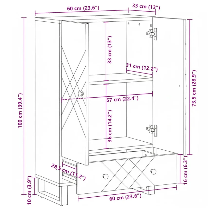Buffet noir 60x33x100 cm bois de manguier massif - 11
