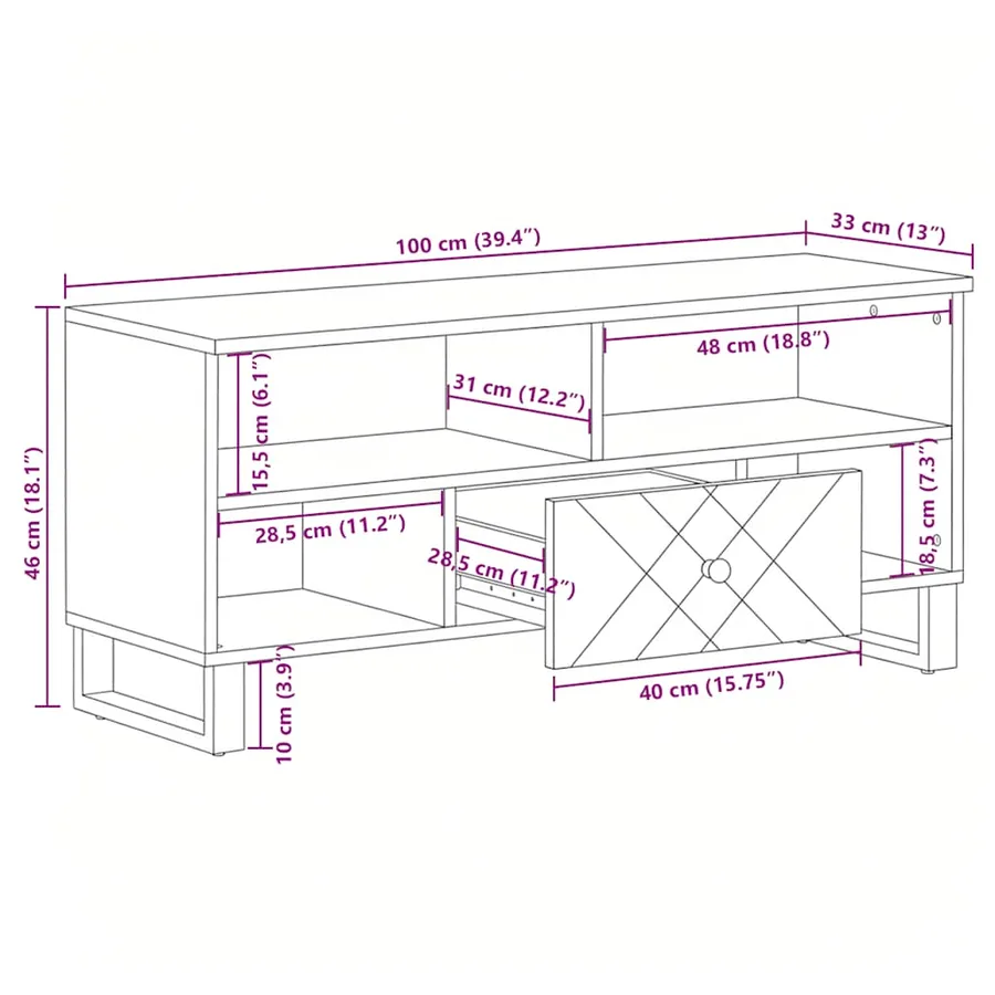 Meuble TV noir 100x33x46 cm bois massif de manguier - 11