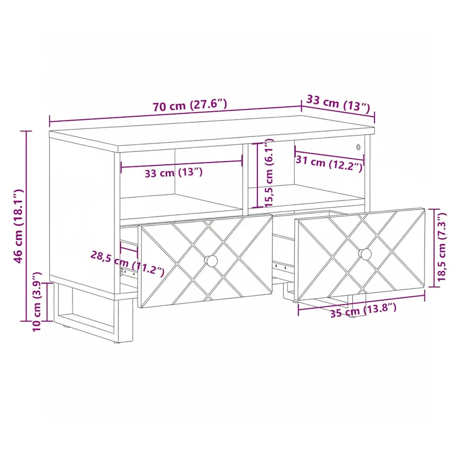 Meuble TV noir 70x33x46 cm bois massif de manguier - 11