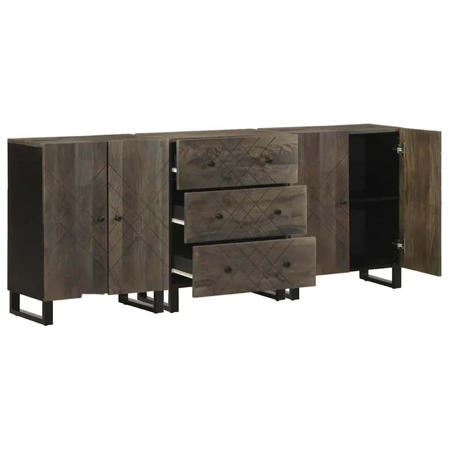Buffets 3 pcs noir 60x33x75 cm bois massif de manguier - 4