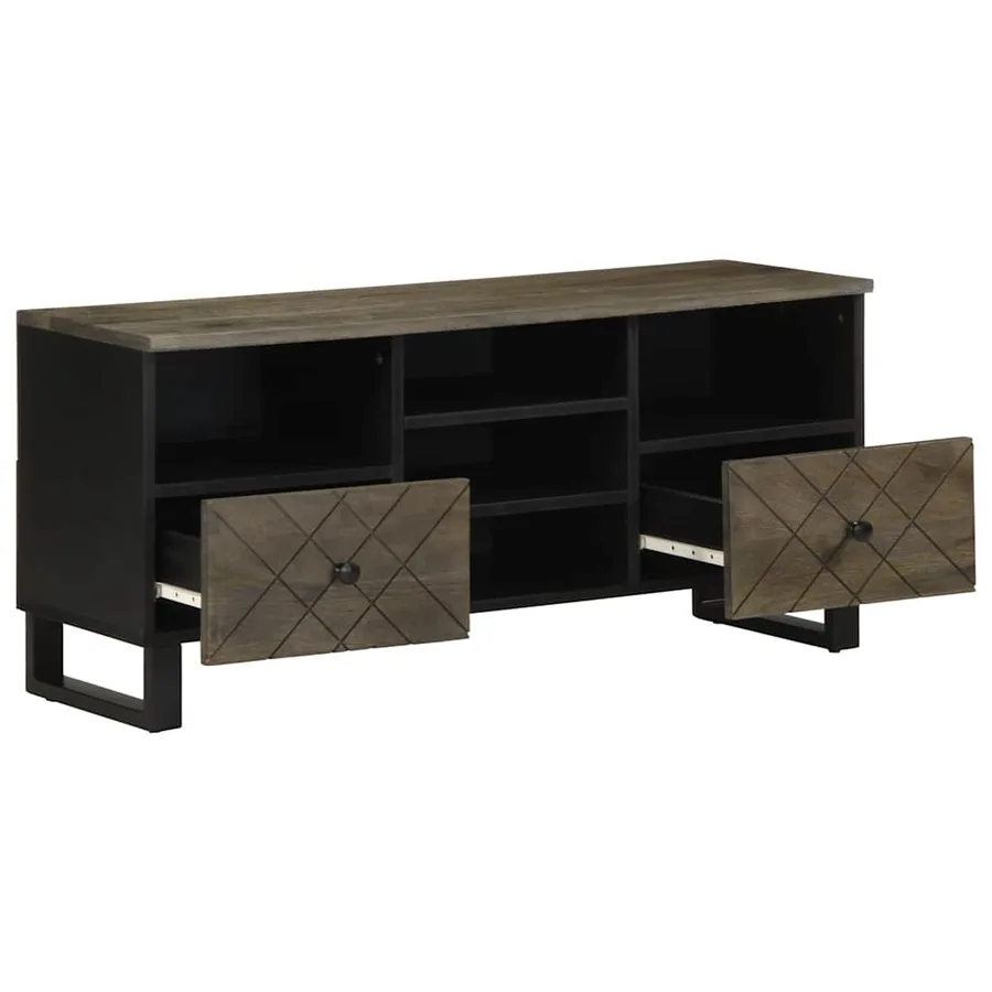 Meuble TV noir 100x33x46 cm bois massif de manguier - 2