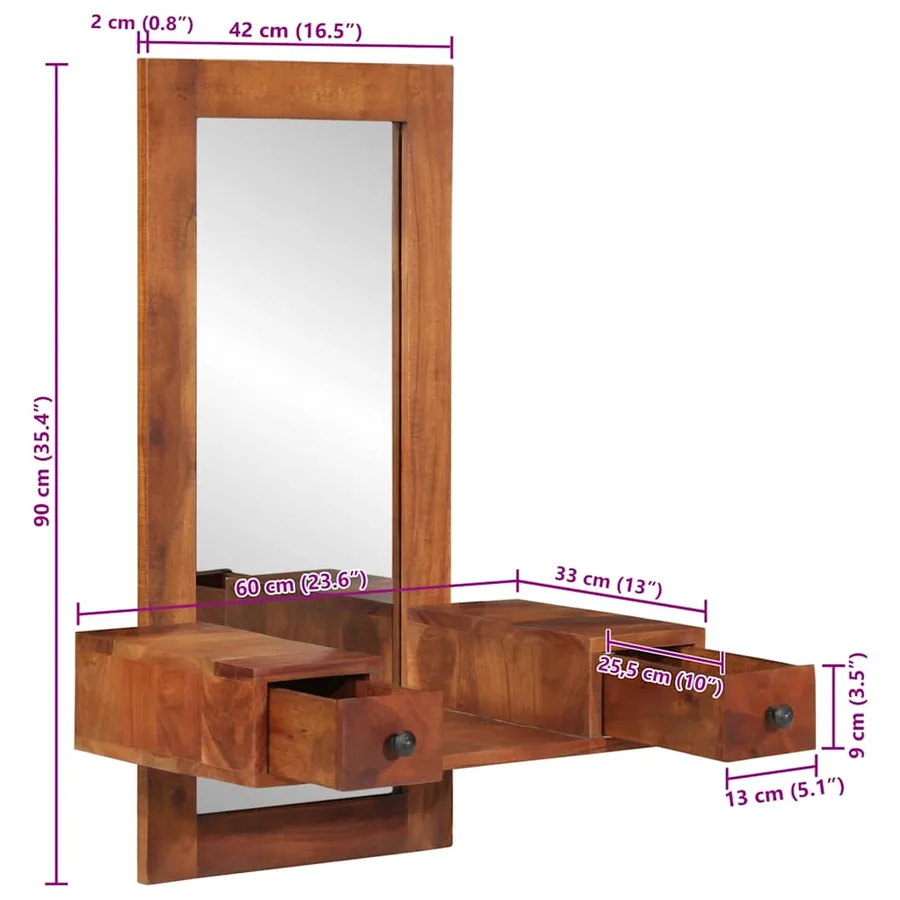 Miroir mural avec tiroirs 60x33x90 cm bois massif d'acacia - 10