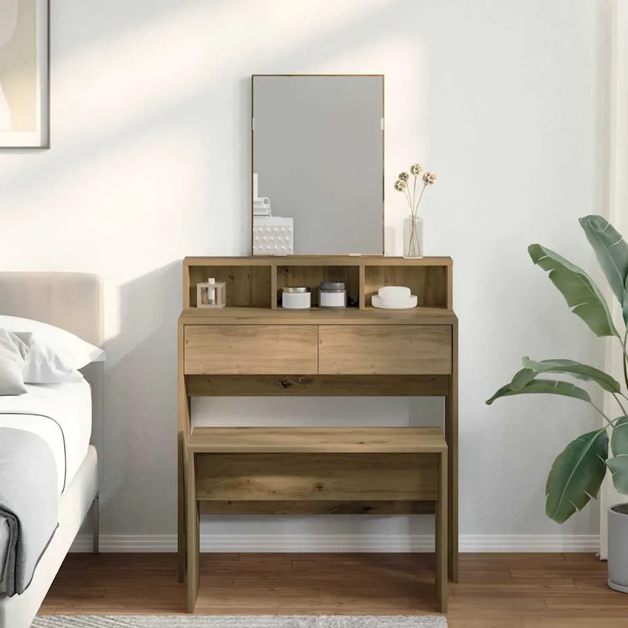 Tabouret de toilette chêne artisanal 70x35x45cm bois ingénierie
