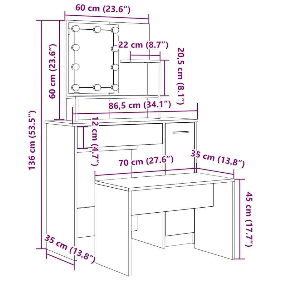Ensemble de coiffeuse avec LED chêne artisanal bois ingénierie - 10