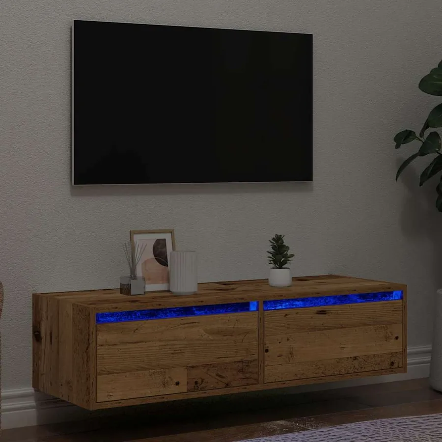 Meuble TV avec lumières LED vieux bois 100X35,5x25 cm