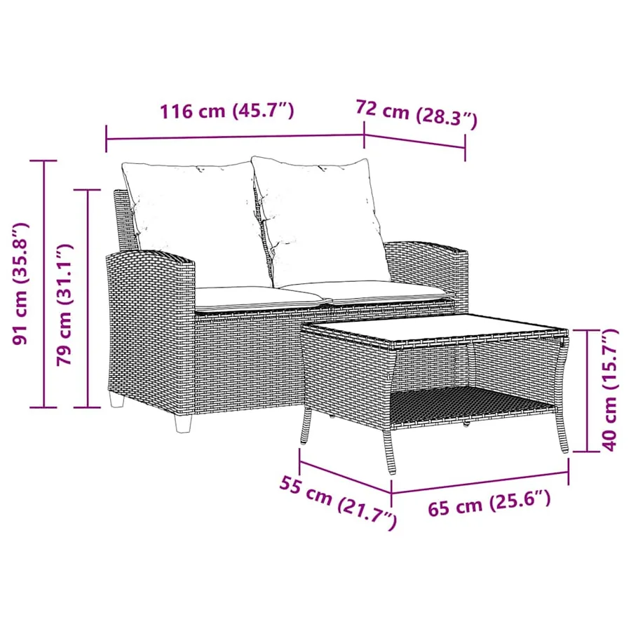 Canapé de jardin 2 places coussins et table gris résine tressée - 12