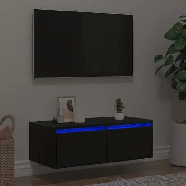 Meuble TV avec lumières LED chêne noir 75x35,5x25 cm