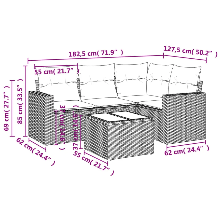 Salon de jardin avec coussins 5 pcs marron résine tressée - 3