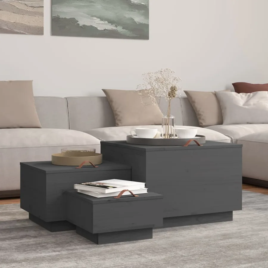 Boîtes de rangement et couvercles 3 pcs Gris Bois massif de pin