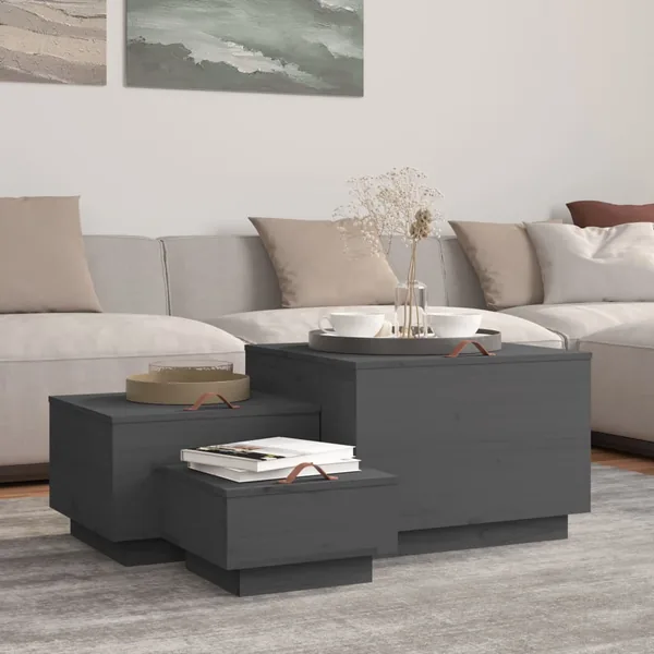 Boîtes de rangement et couvercles 3 pcs Gris Bois massif de pin