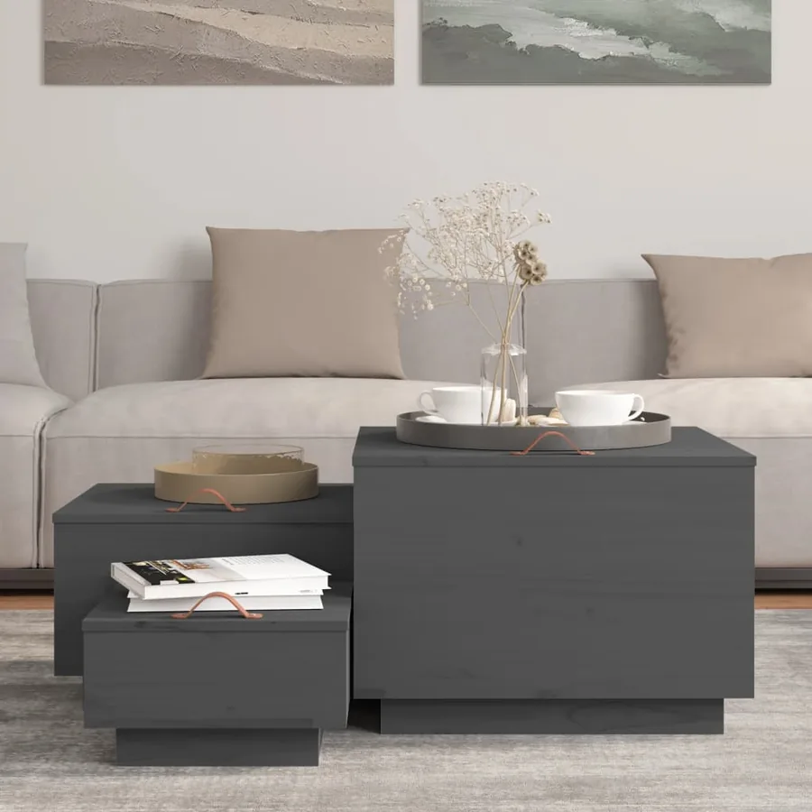 Boîtes de rangement et couvercles 3 pcs Gris Bois massif de pin - 3