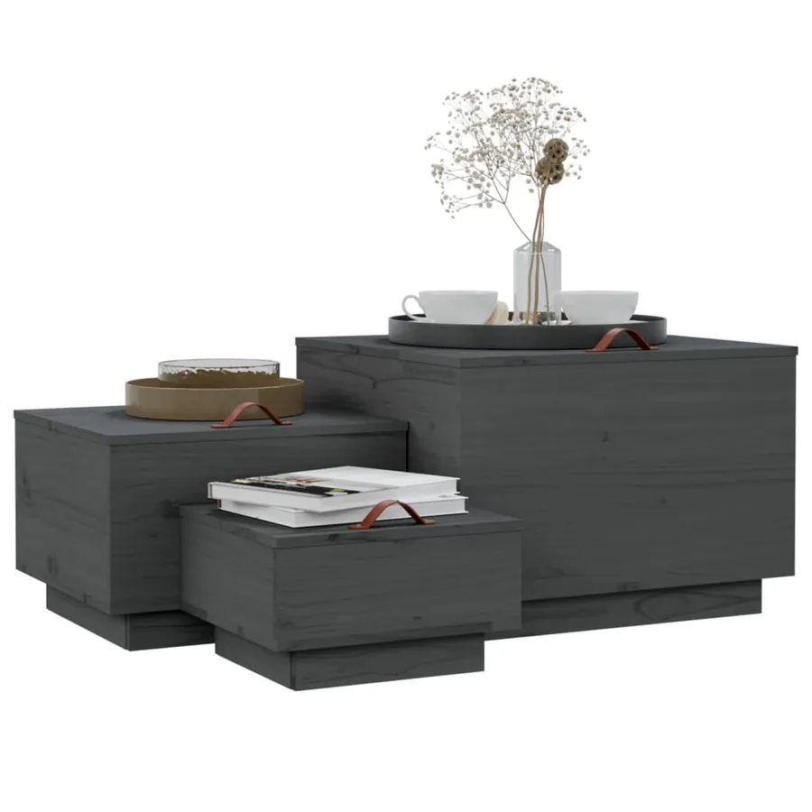 Boîtes de rangement et couvercles 3 pcs Gris Bois massif de pin - 4