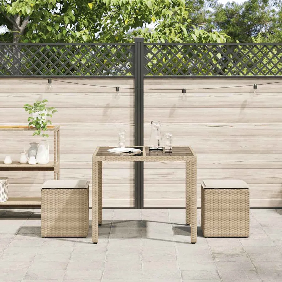 Tabourets de jardin avec coussins lot de 2 beige résine tressée - 3