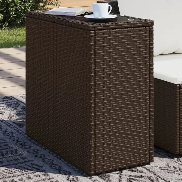 Table d'appoint de jardin avec dessus en verre marron rotin