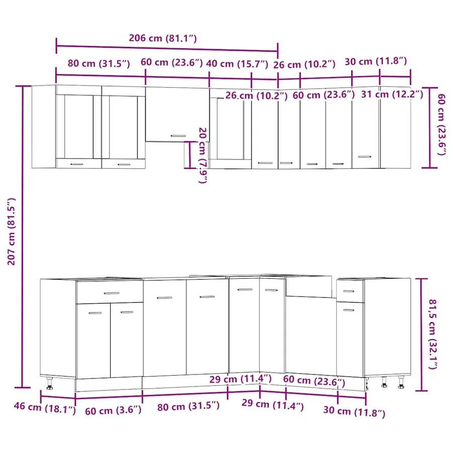 Ensemble de 11 meubles de cuisine "Lyon" en bois d'ingénierie vieilli - 11
