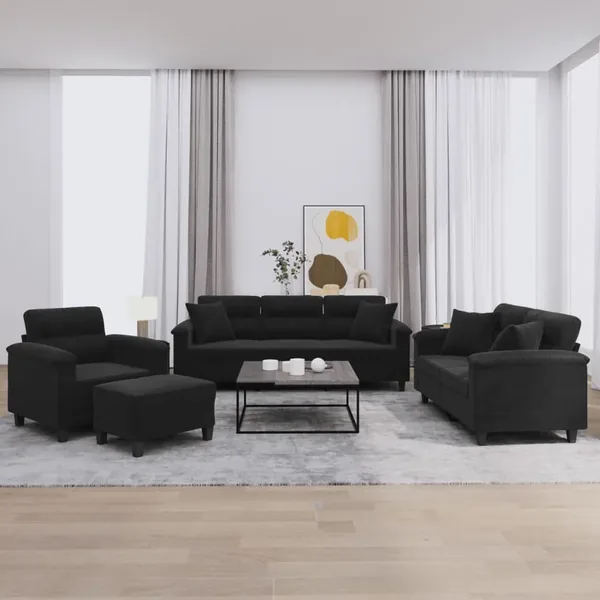 Ensemble de canapés 4 pcs avec coussins Noir Tissu microfibre