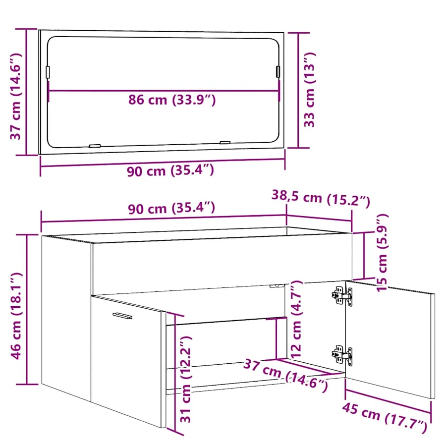Armoire de bain avec miroir gris béton bois d'ingénierie - 10