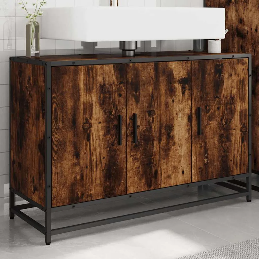 Armoire de lavabo de salle de bain chêne fumé 90x33x60 cm - 3