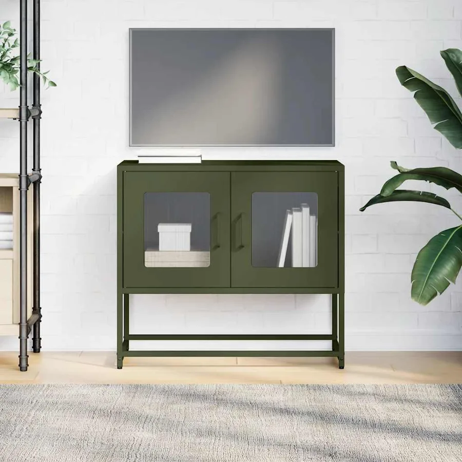 Meuble TV vert olive 68x39x60,5 cm acier laminé à froid - 4