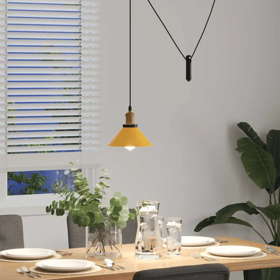 Lampe suspendue réglable hauteur E27 jaune brillant Ø22cm métal - 4