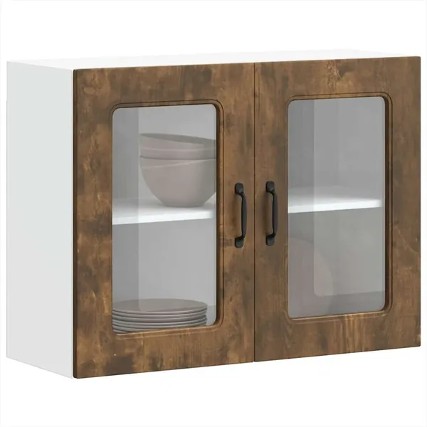 Armoire murale de cuisine avec porte vitrée "Kalmar" Chêne fumé Bois d'ingénierie